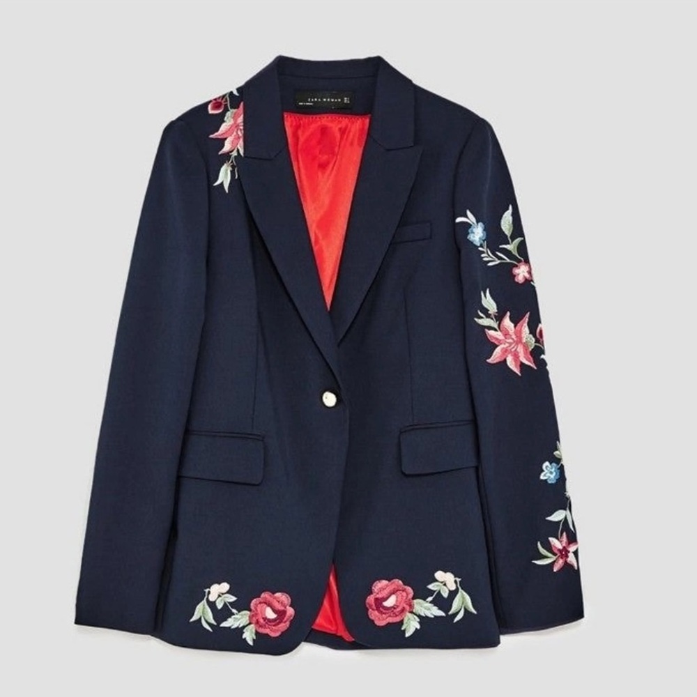 ZARA || NWOT - Navy Blue Blazer with Floral Design. Sz. XS